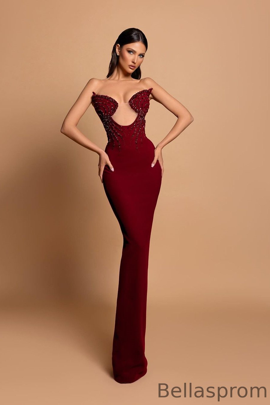 Bellasprom Burgundy Sweetheart Sleeveless Mermaid Prom Dress With Beadings Bellasprom