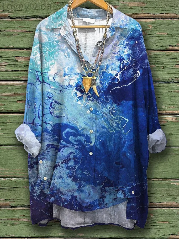 Women's Smudge Print Casual Cotton And Linen Shirt