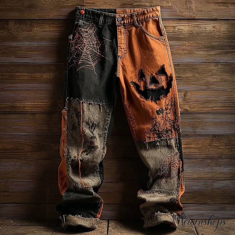 Men's Halloween Pumpkin Face Patchwork Design Vintage Washed Jeans
