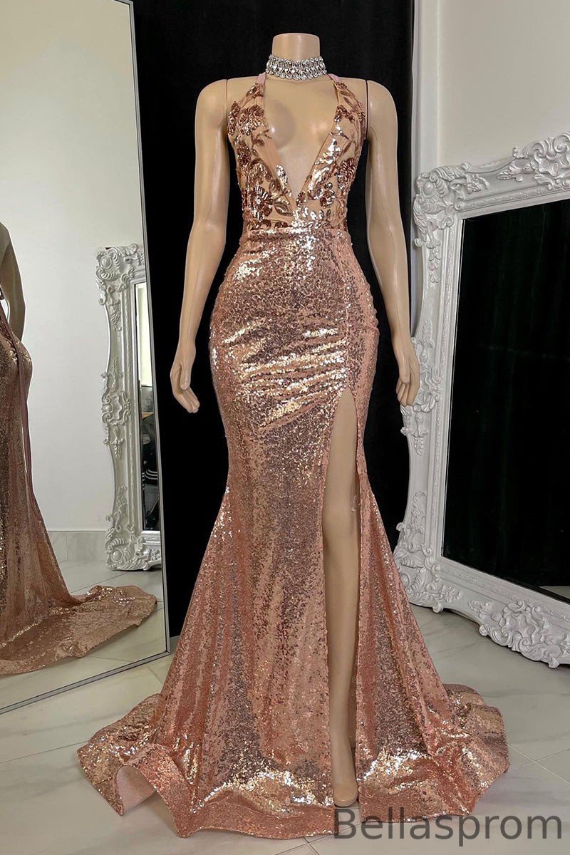 Bellasprom V-Neck Sleeveless Slit Prom Dress With Sequins On Sale Bellasprom