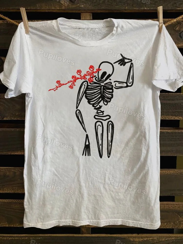 Pupiloves Pupiloves Skeleton Stabbed Through The Head and Out of The Flower T-shirt