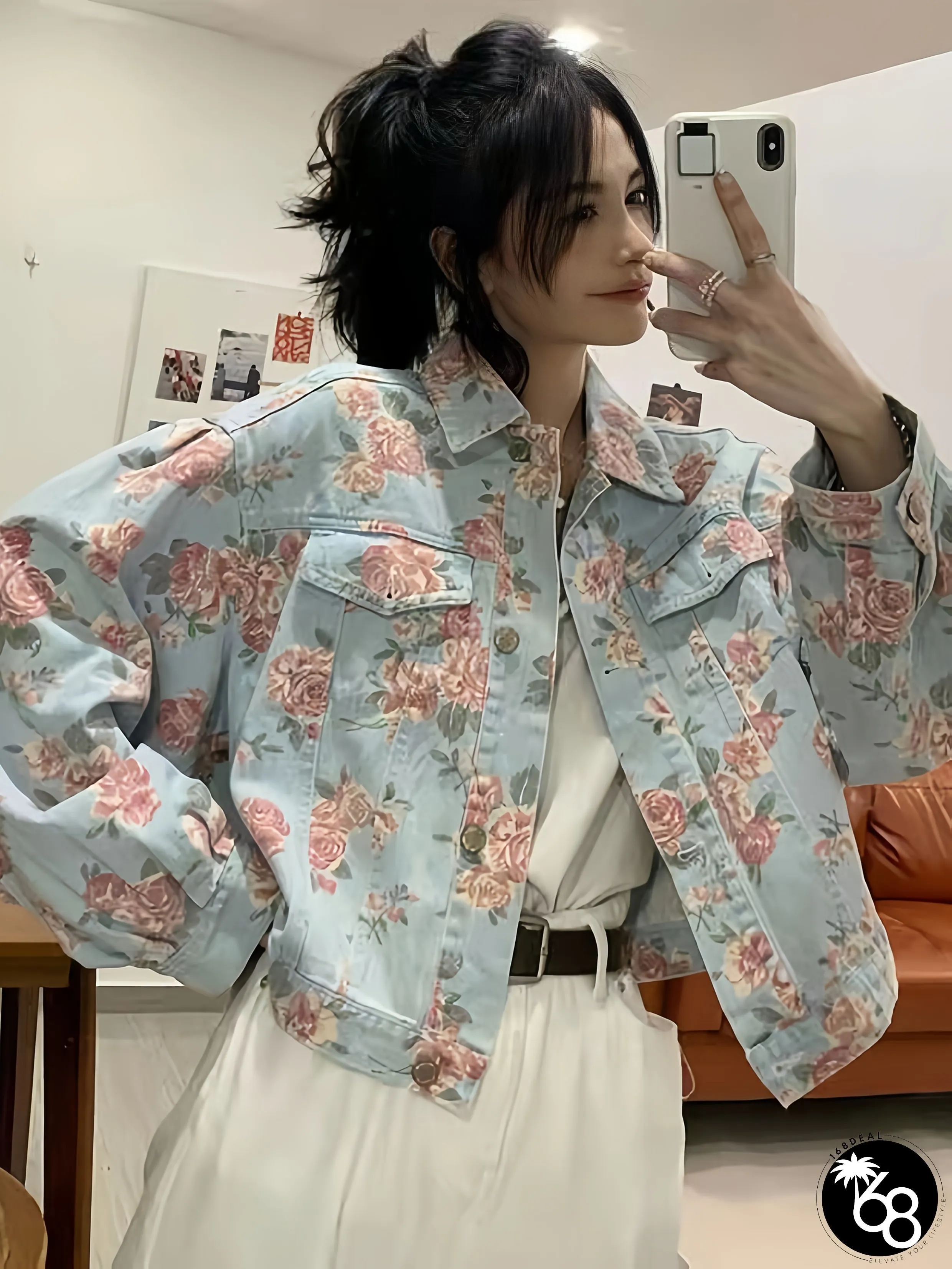 Womens Plus Size Floral Print Denim Jacket Non Stretch Drop Shoulder Sleeves Single Button | 168DEAL