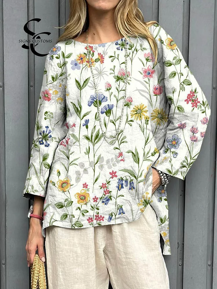 Women's Vintage Floral Art Print Casual Cotton Linen Shirt