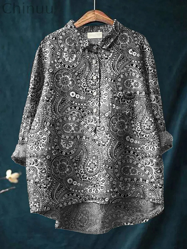 Women's Retro Floral Art Print Casual Cotton And Linen Shirt