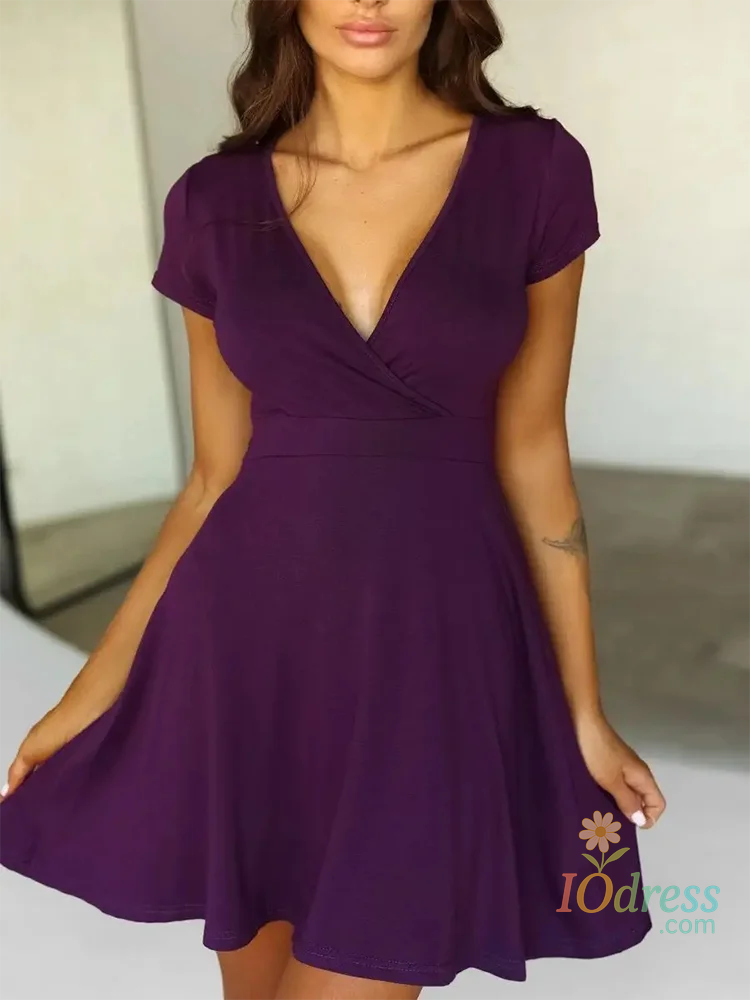 IO Dress Elegant V-Neck Short Sleeved Mini Dress Women's Solid Color A-Line Dresses Summer Daily Dress IO Dress