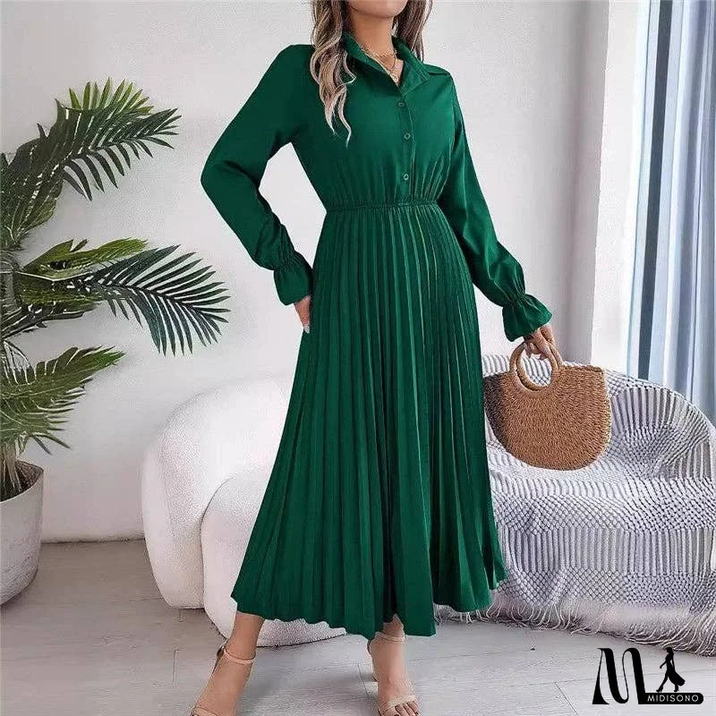 Solid Color Casual Lapel Long Sleeve Pleated Maxi Dress