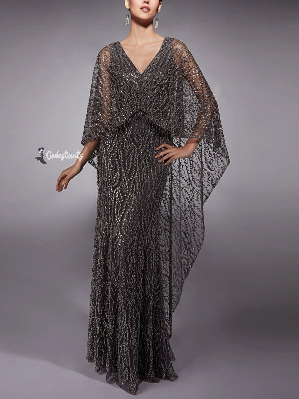 V-Neck Lace Sequins Maxi Dress