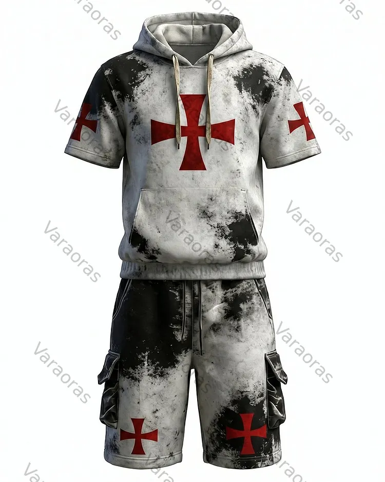 Men's Viking Contrast Color Cross Embroidered Short-Sleeve Hoodie & Shorts Two-Piece Set 7152