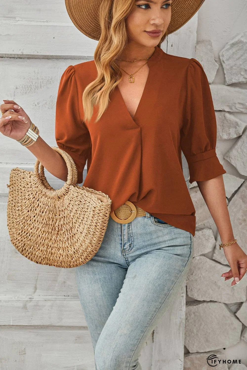 Notched Half Sleeve Blouse | IFYHOME