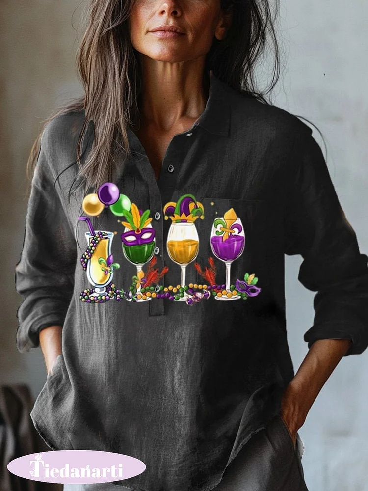 Women's   Mardi Gras  Art Print Casual Cotton And Linen Shirt