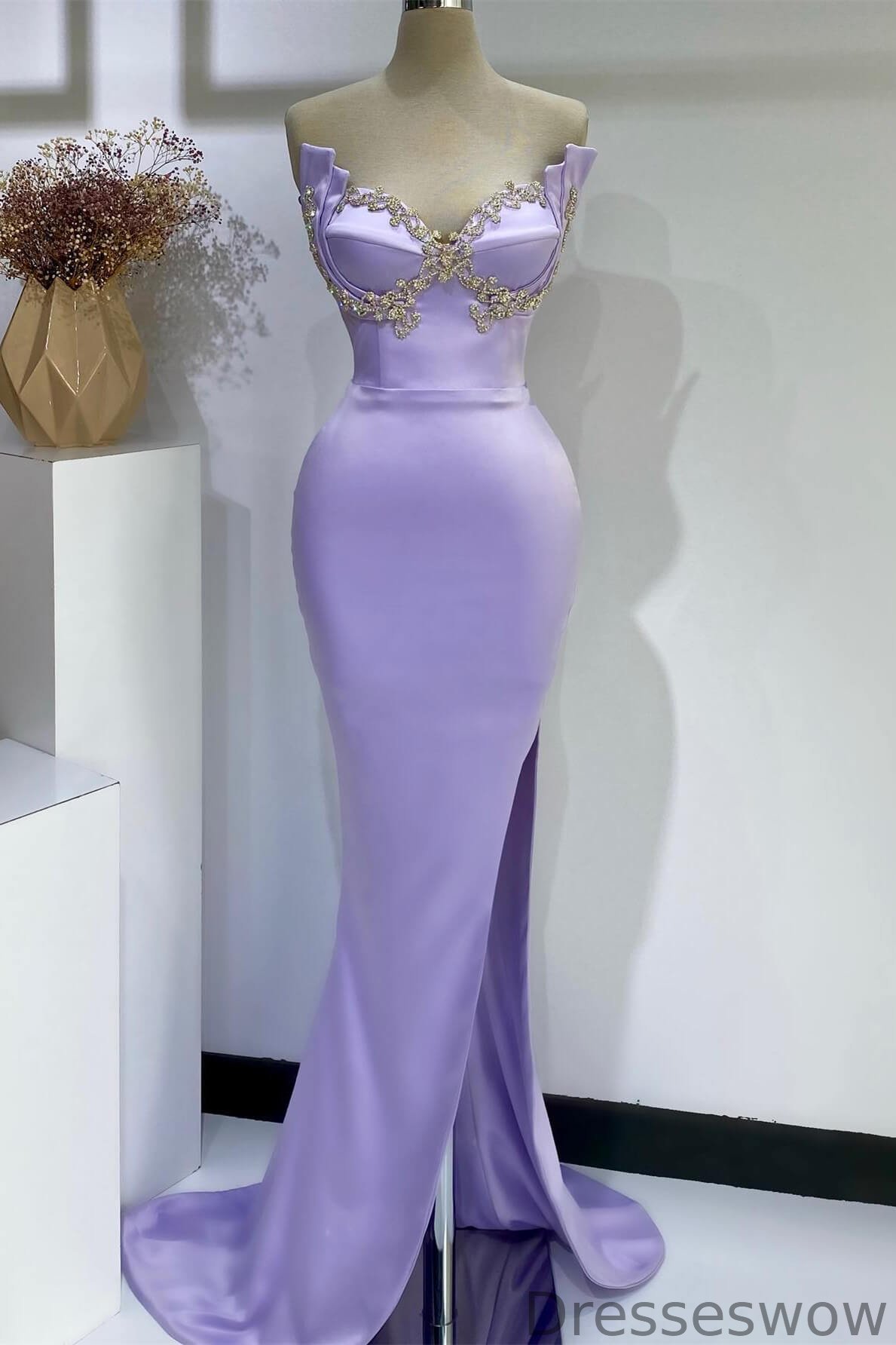 Dresseswow Lilac V-Neck Sleeveless Mermaid Evening Dress With Split Beadings