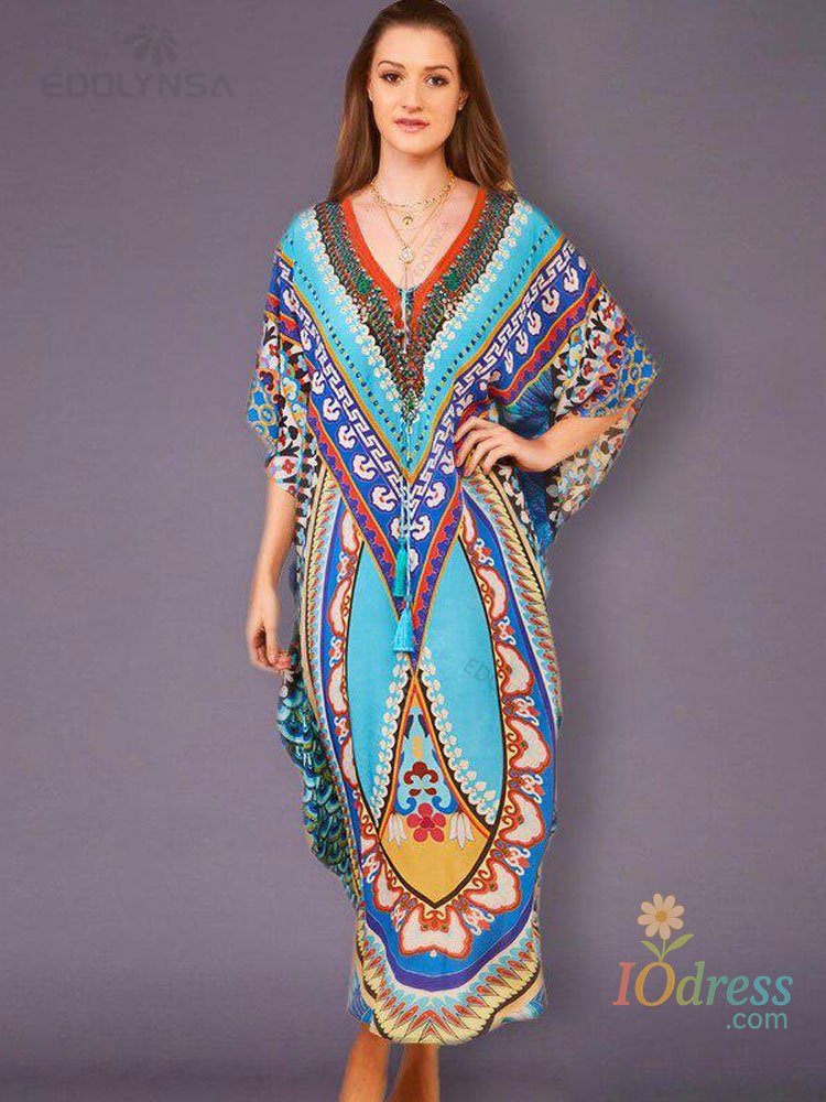IO Dress 2025 Quick-drying Bohemian Printed Loose Summer Beach Dress Moroccan Kaftan Women Plus Size Beachwear Tassel Midi Dress Q897 IO Dress Store