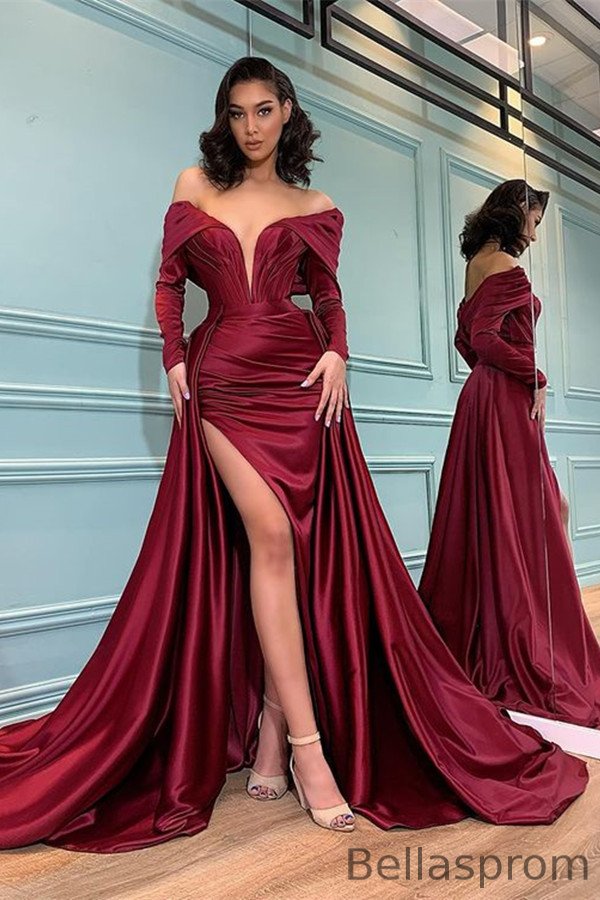 Bellasprom Burgundy Mermaid Prom Dress With Slit Long Sleeves Bellasprom