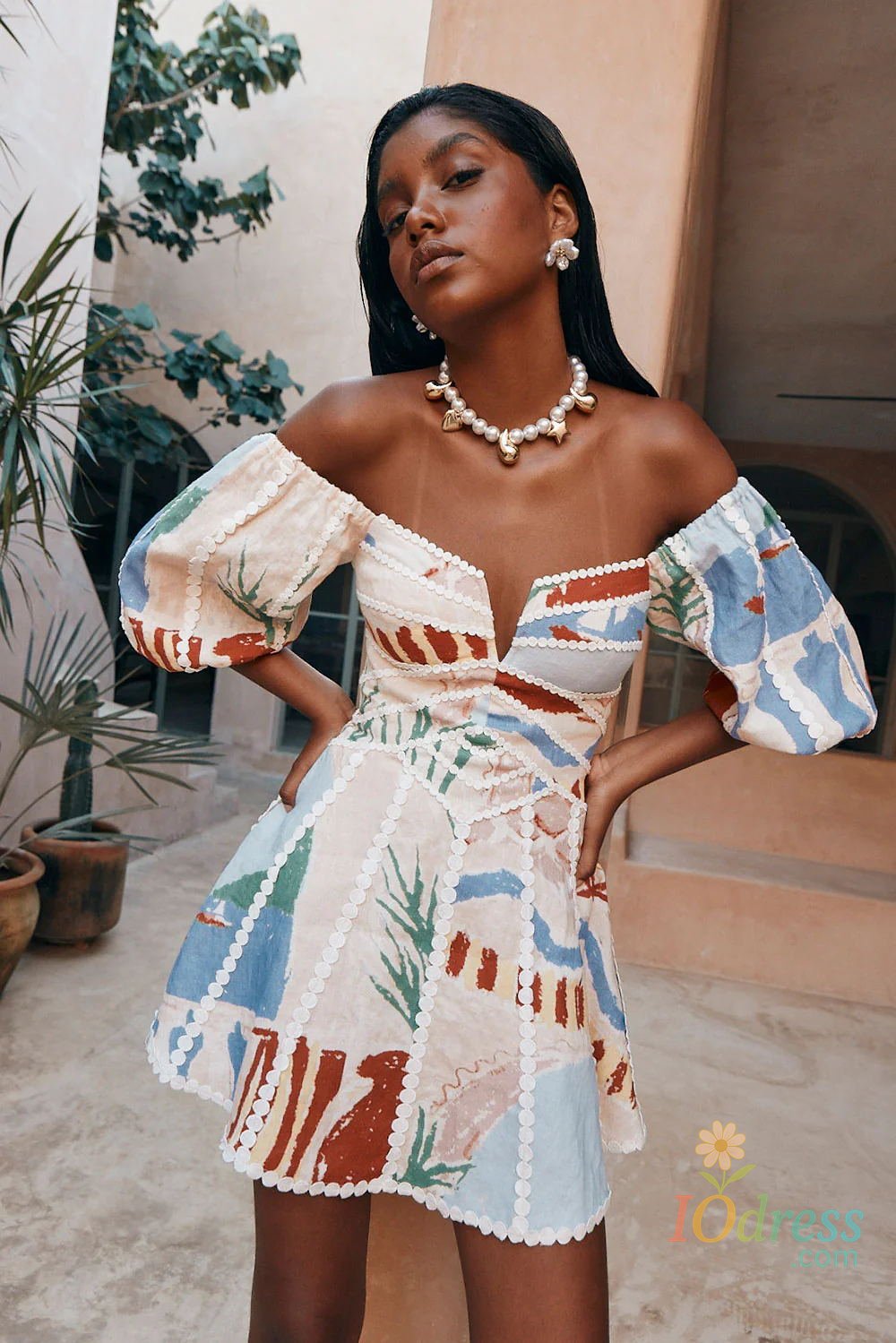 IO Dress Women Vintage Print Patchwork Mini Dress Summer Sexy Fashion Elegant Short Sleeve Bodycon Off Shoulder Backless Party Dresses IO Dress