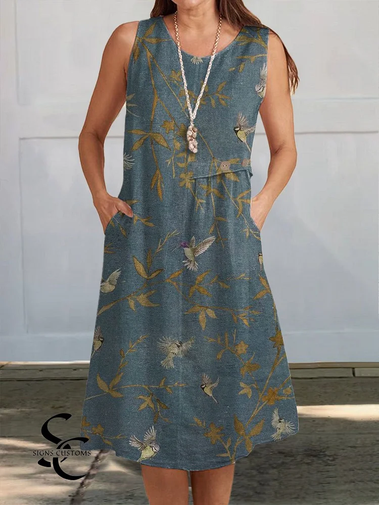 Women's Vintage Flowers Art Print Sleeveless Cotton Pocket Wrap Dress