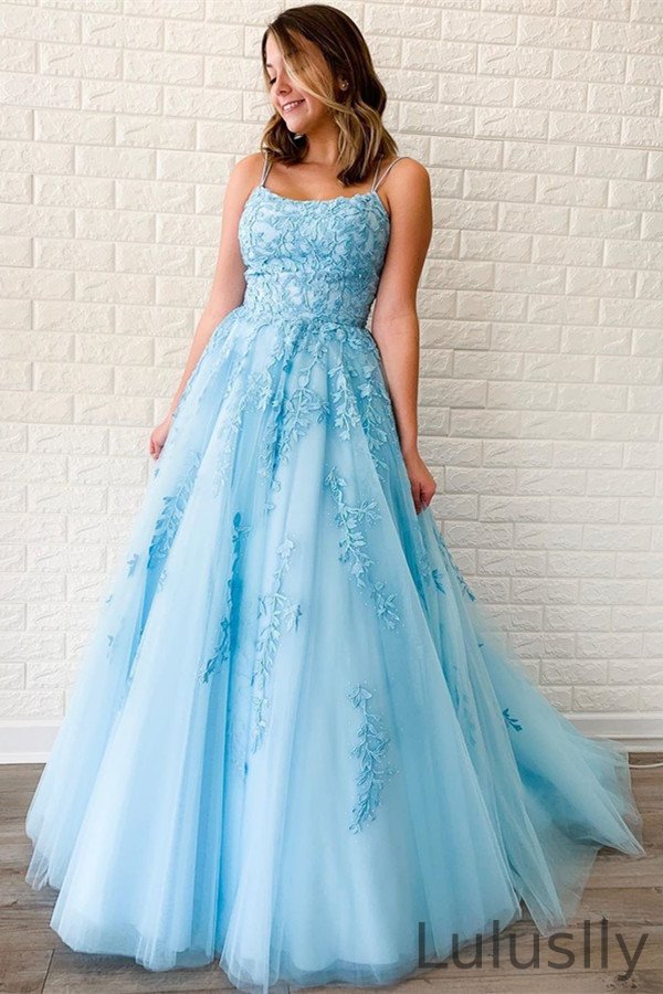 Luluslly Sky Blue Appliques Spaghetti-Straps Evening Dress A-Line