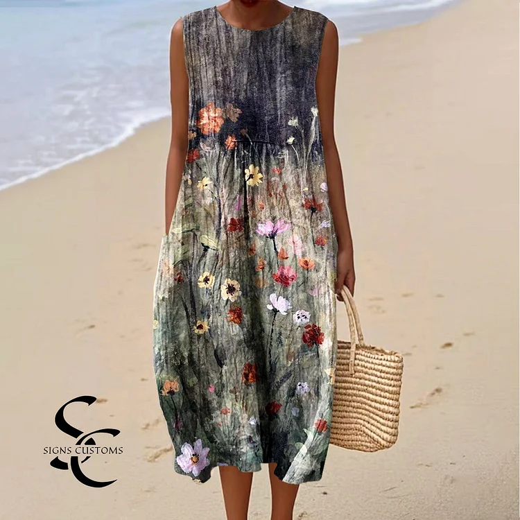 Women's Vintage Flowers Art Print Sleeveless Cotton Pocket Wrap Dress