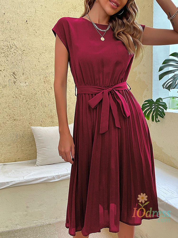 IO Dress Elegant Women Summer Casual Beach Sundress Short Sleeve Pleated Midi Dress Soild Colour O Neck Tunic Dresses Fashion