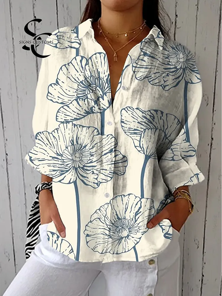 Women's Vintage Art Flower Print Casual Linen V-neck Shirt