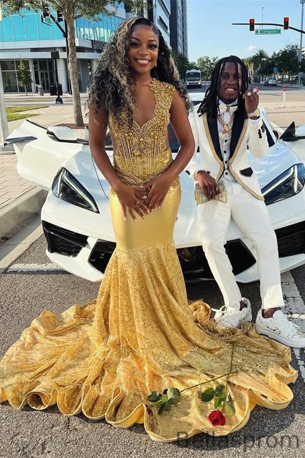 Bellasprom Gold Sleeveless Prom Dress Mermaid Long With Lace Beadings Bellasprom