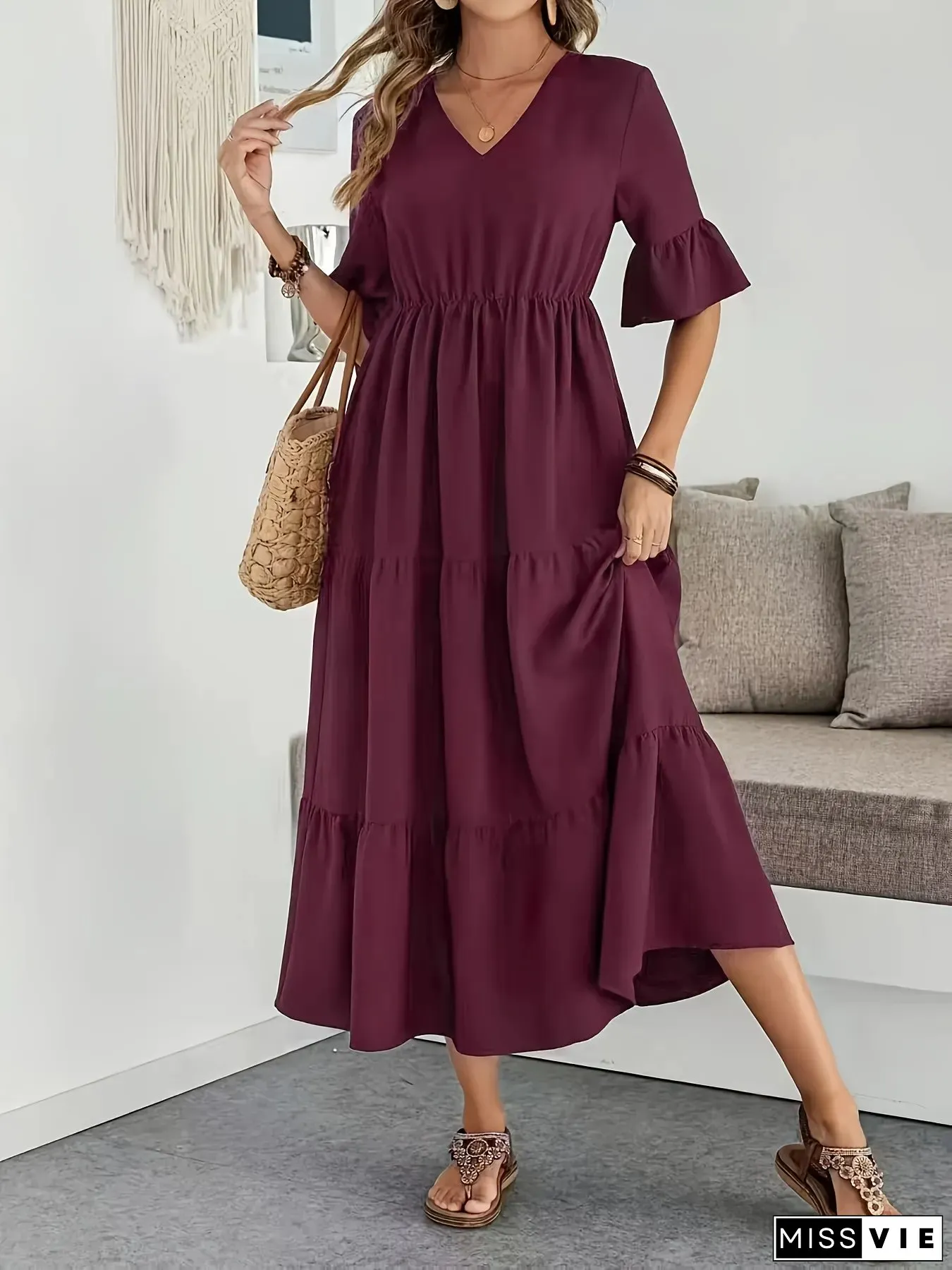 Women's Fashion Solid Color Casual Ruffle Sleeve Dress