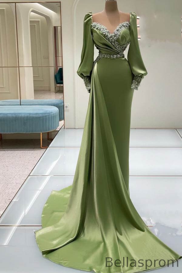 Bellasprom Sage Sweetheart Long Sleeves Mermaid Prom Dress With Ruffles Beads Bellasprom