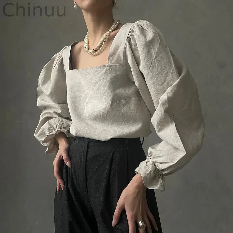 Vintage Classic Elegant Square Collar Long Sleeve Shirt