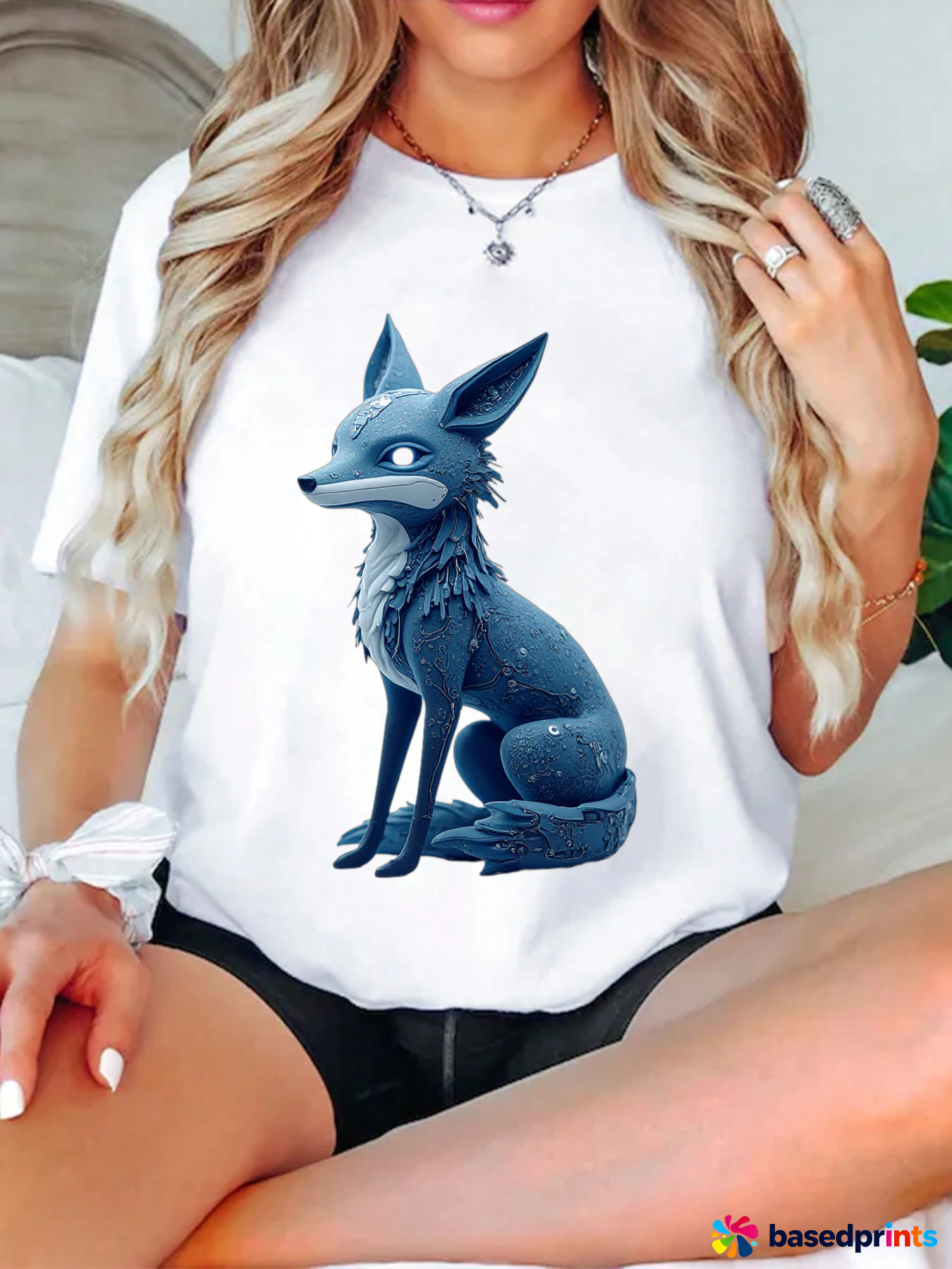 Blue Fox Print Short Sleeve T-Shirt Women Summer Casual Tops