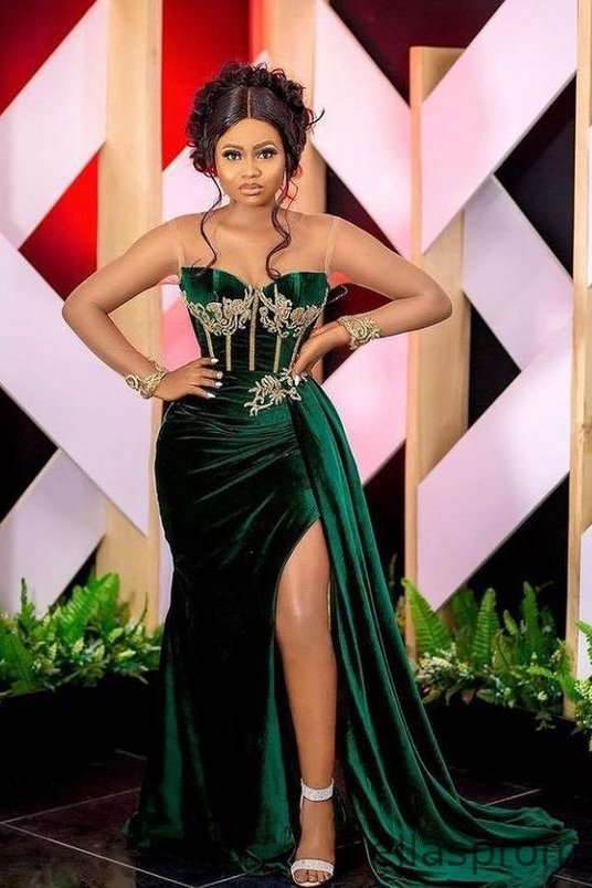 Bellasprom Dark Green Illusion Neck Mermaid Prom Dress Velvet Appliques With Split Bellasprom