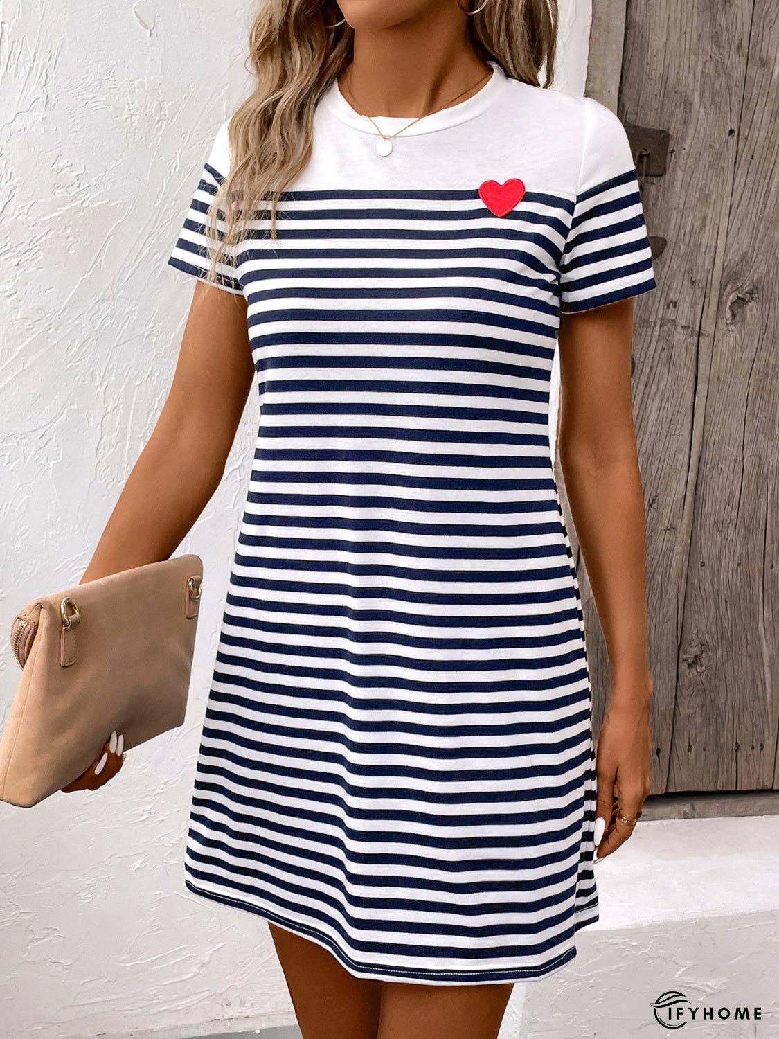 Striped Round Neck Short Sleeve Mini Dress | IFYHOME