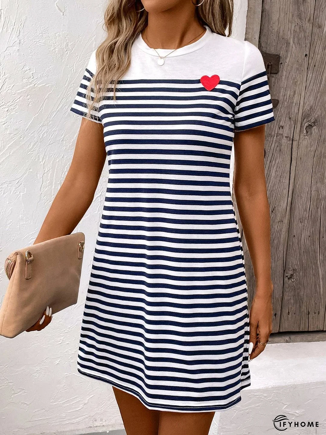 Striped Round Neck Short Sleeve Mini Dress | IFYHOME