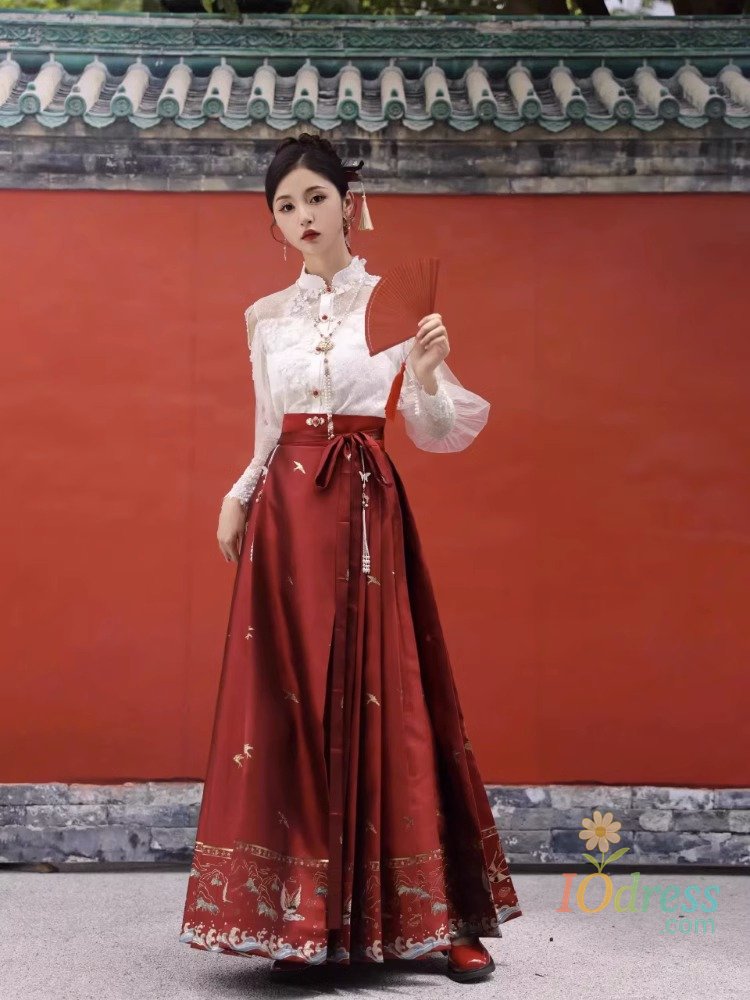 IO Dress Vintage Hanfu Horse Face Skirt Women Chinese Traditional Hanfu Stand Collar Cardigan Shirt Red Pleats Skirt MaMian