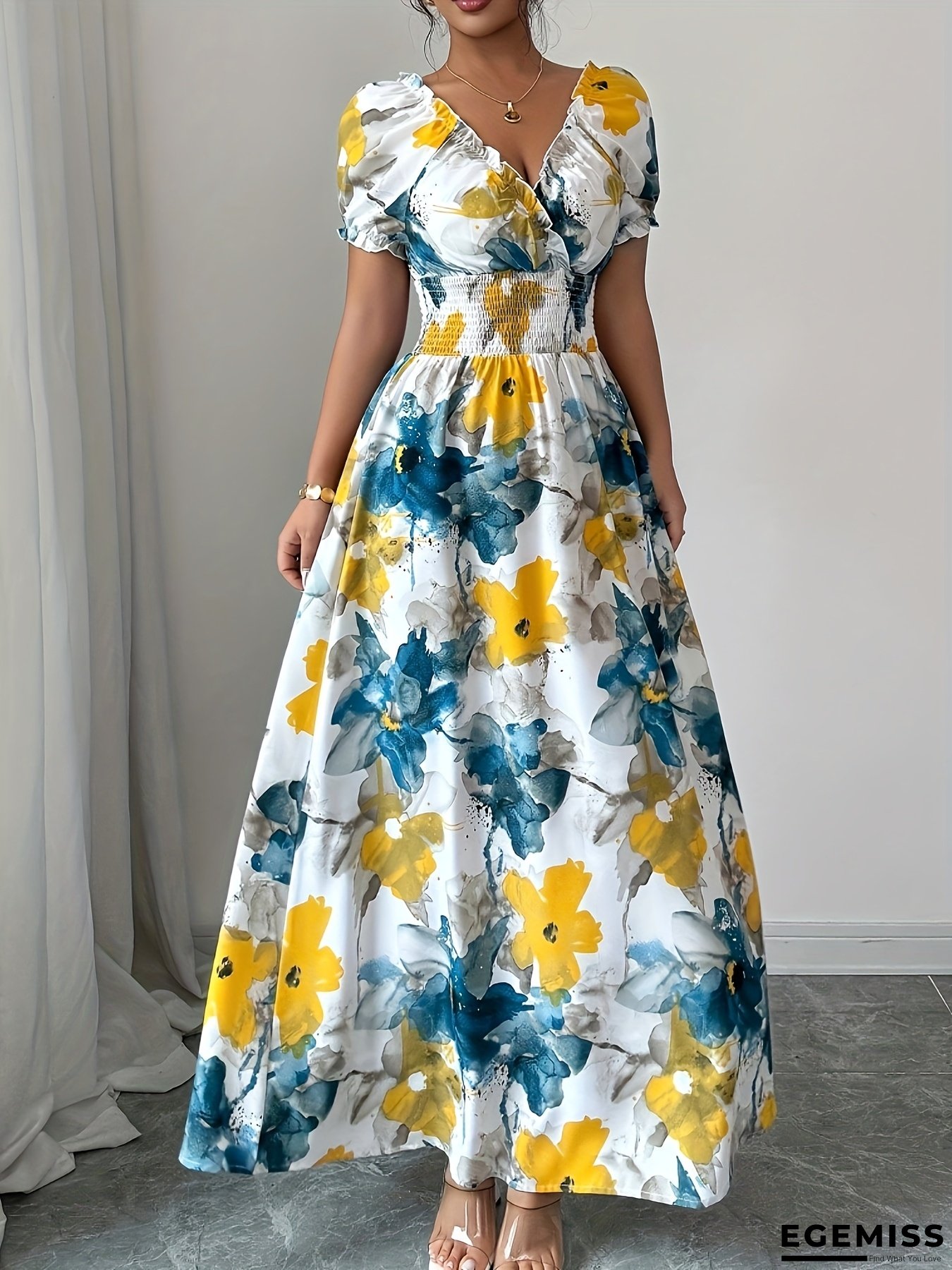Elegant Floral Print Maxi Dress For Women - V-Neck, Short Sleeve, Cinched Waist, Flowy A-Line Skirt, Blue & Yellow Flowers On White, Perfect For Spring/Summer, Adult Fashion, Floral Dress | EGEMISS