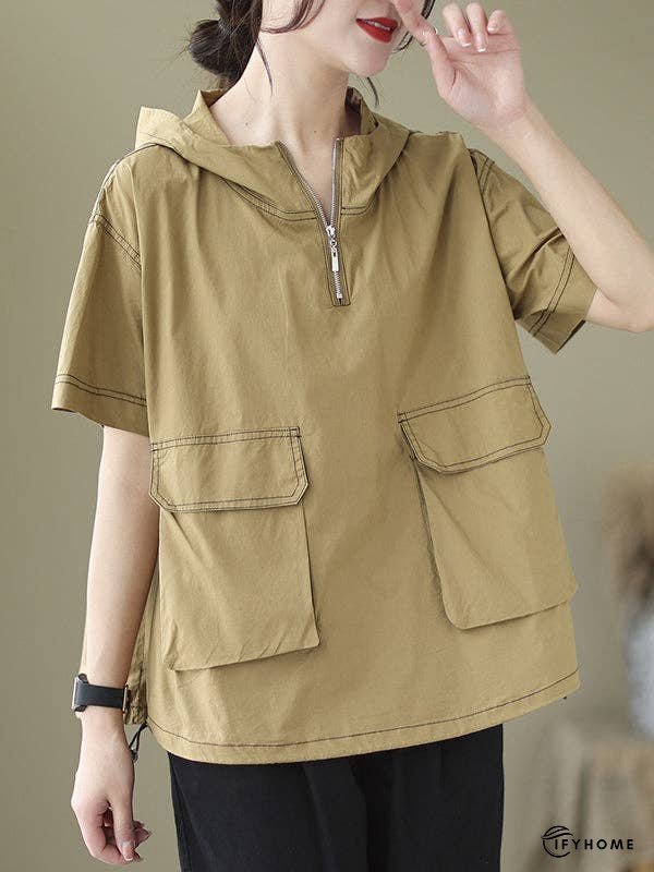 Loose Short Sleeves Zipper Hooded T-Shirts Tops | IFYHOME