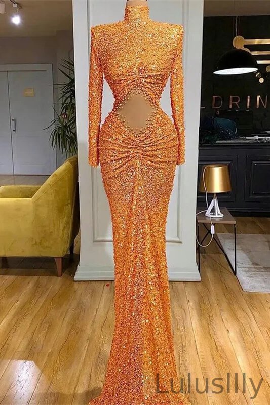 Beautiful Orange High Neck Long Sleeves Mermaid Ball Dress With Sequins Beads - lulusllly