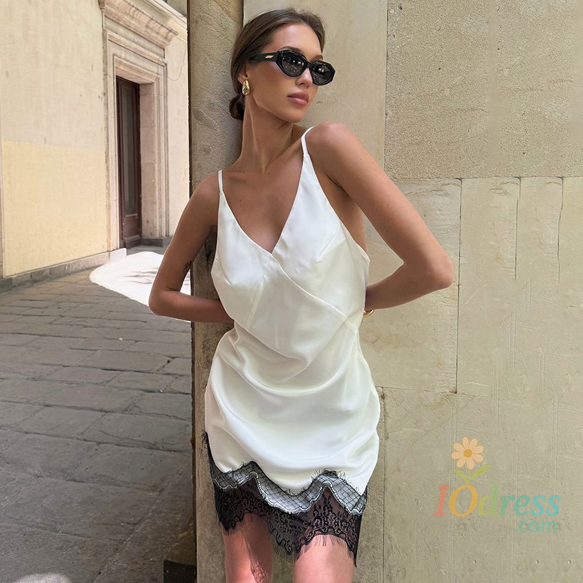 IO Dress Linad Sexy V Neck Satin Spaghetti&nbsp;Strap Dress Summer Street Chic Backless Lace Dresses Women Casual Straight Dress Female 2025