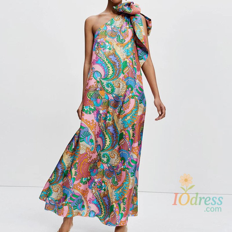 IO Dress Summer New Lady Satin One-piece Robes Fashion Pattern Printed Skew Collar Halter Dress Elegant Off Shoulder Pleated Party Dress