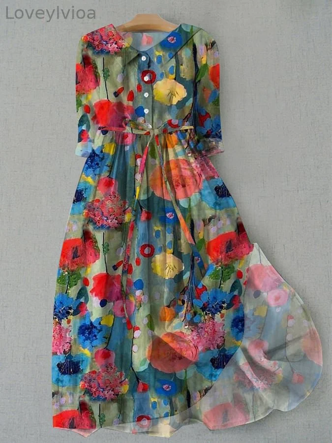 Women's Vintage Floral Oil Painting Design Printed Lace-Up Dress