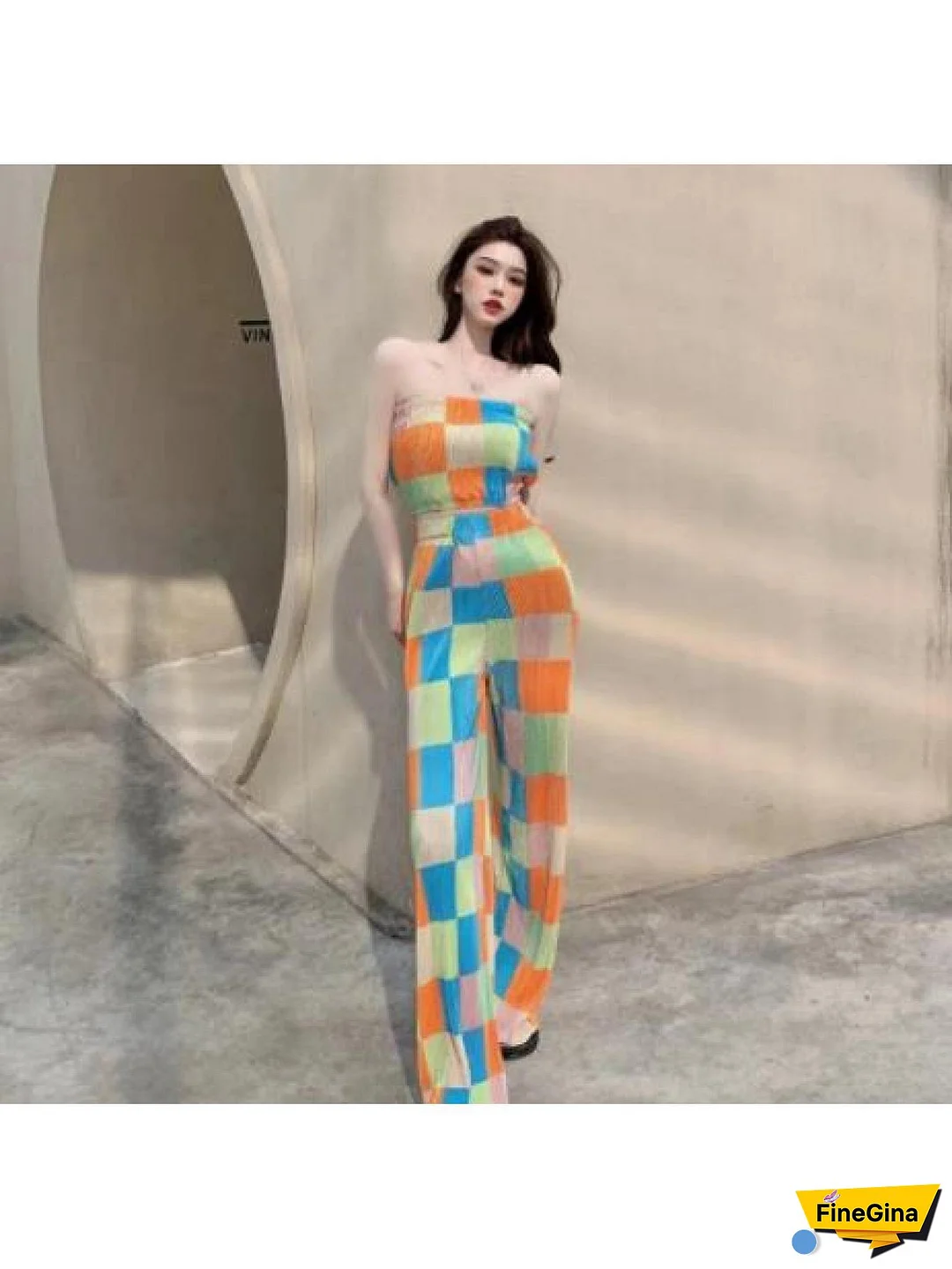 Women‘s 2pcs Outfits, Colorful Plaid Pattern Sleeveless Strapless Tank Tops + Elastic High Waist Wide-Leg Trousers