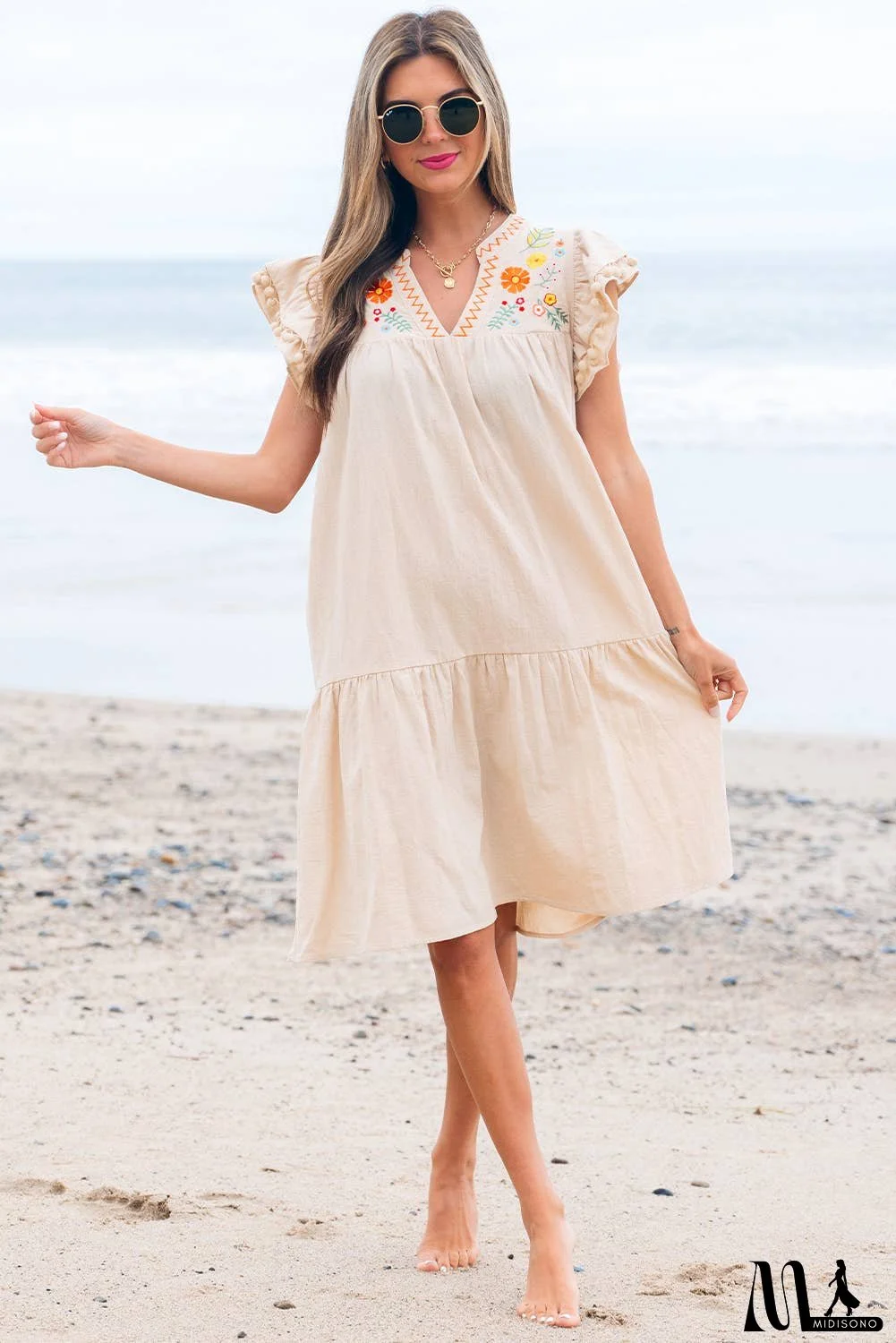 Floral Embroidered Ruffle Sleeve Spring Dress