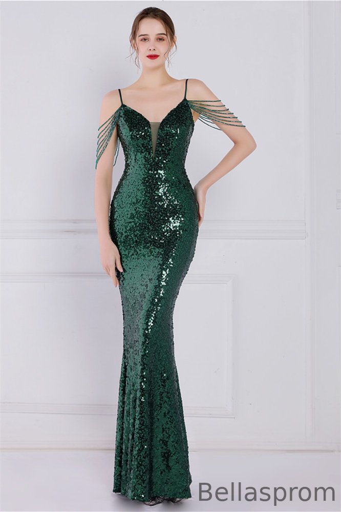 Bellasprom Spaghetti-Straps Sequins Evening Gown Mermaid Sleeveless YE0072 Bellasprom