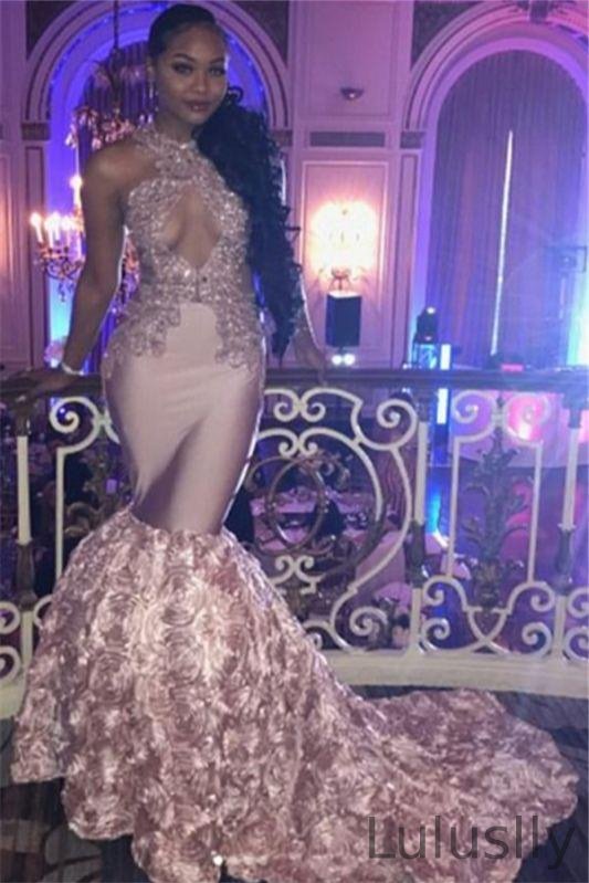 Luluslly Pink Halter Lace Appliques Mermaid Evening Dress With Flowers
