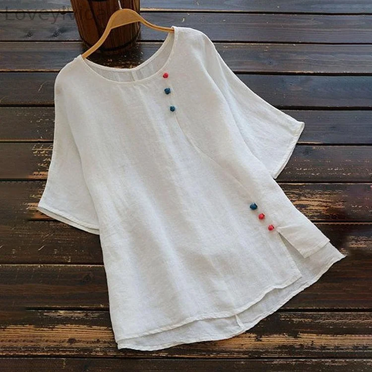 Vintage Round Neck Button Cotton Linen Casual Shirt