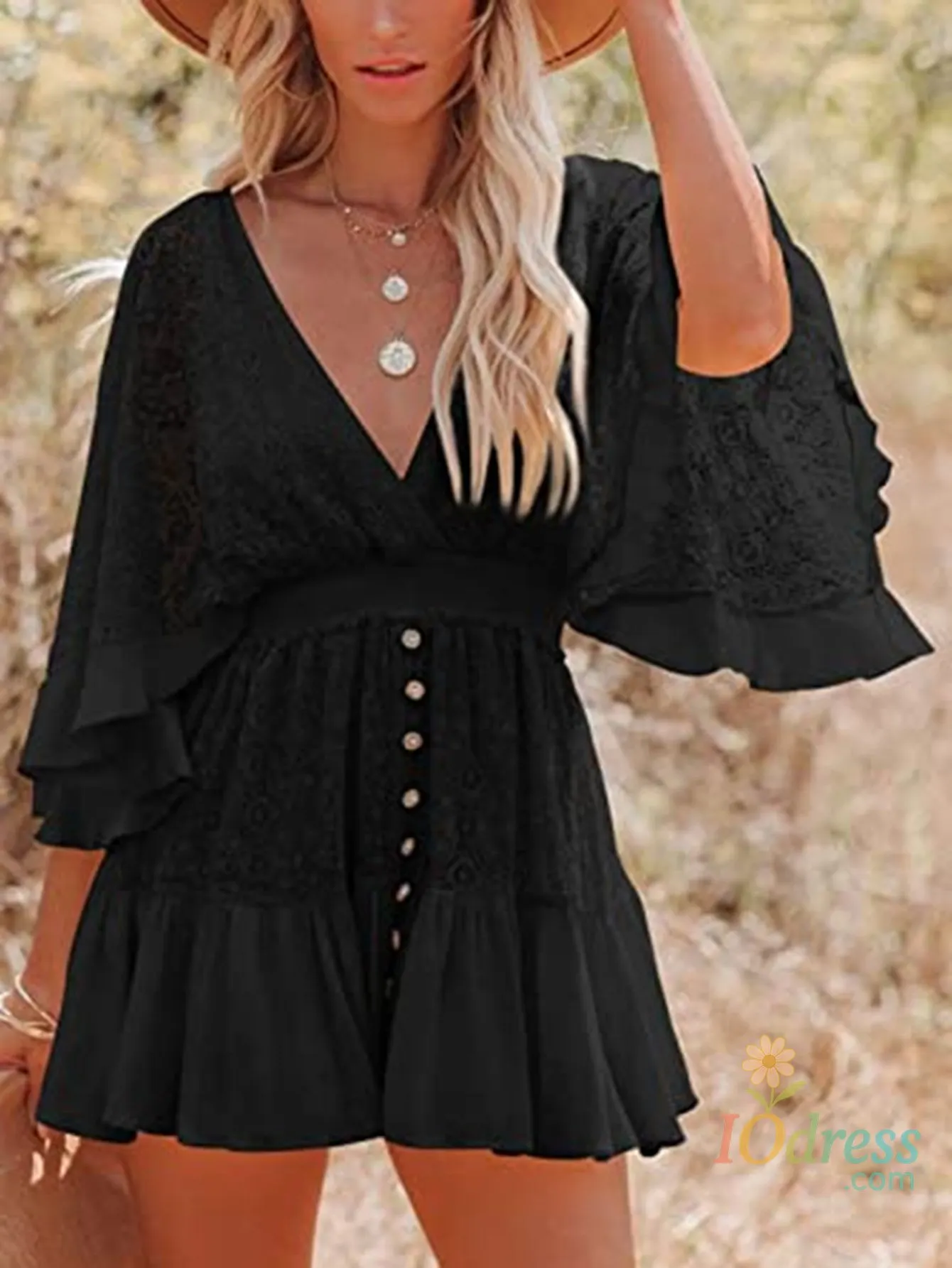 IO Dress Spring Autumn Women's New Fashion Lace Splicing Solid Color Sexy V-neck Bat Sleeve Five Quarter Sleeve Ruffle Edge Dress IO Dress