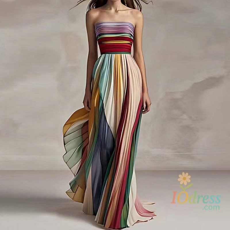 IO Dress Women Summer Printing Patchwork Maxi Dress, Sleeveless Fashion Holiday Party Dress, 2024 Elegant Strapless Ladies Dress Vestidos IO Dress