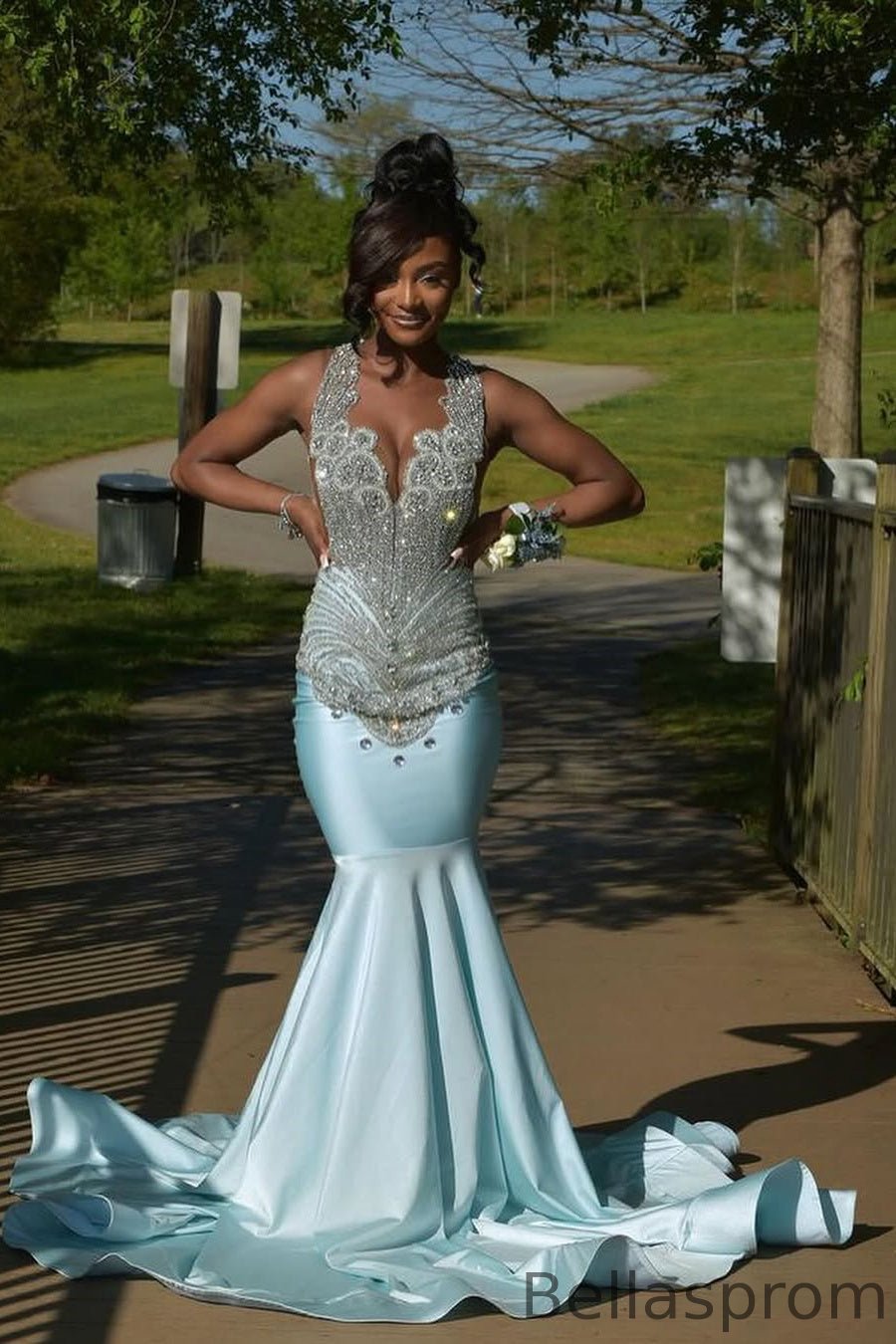 Bellasprom Light Blue Scoop Sleeveless Prom Dresses Mermaid Long With Beadings Bellasprom