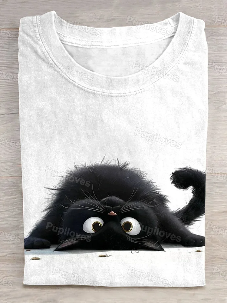 Pupiloves Pupiloves  Funny Cute Black Cat Art Print T-Shirt