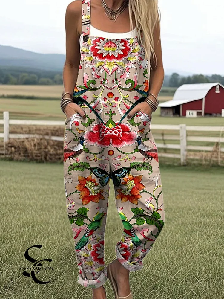 Women's  Vintage Floral Art Print Casual 100% Cotton Wide Leg Jumpsuit