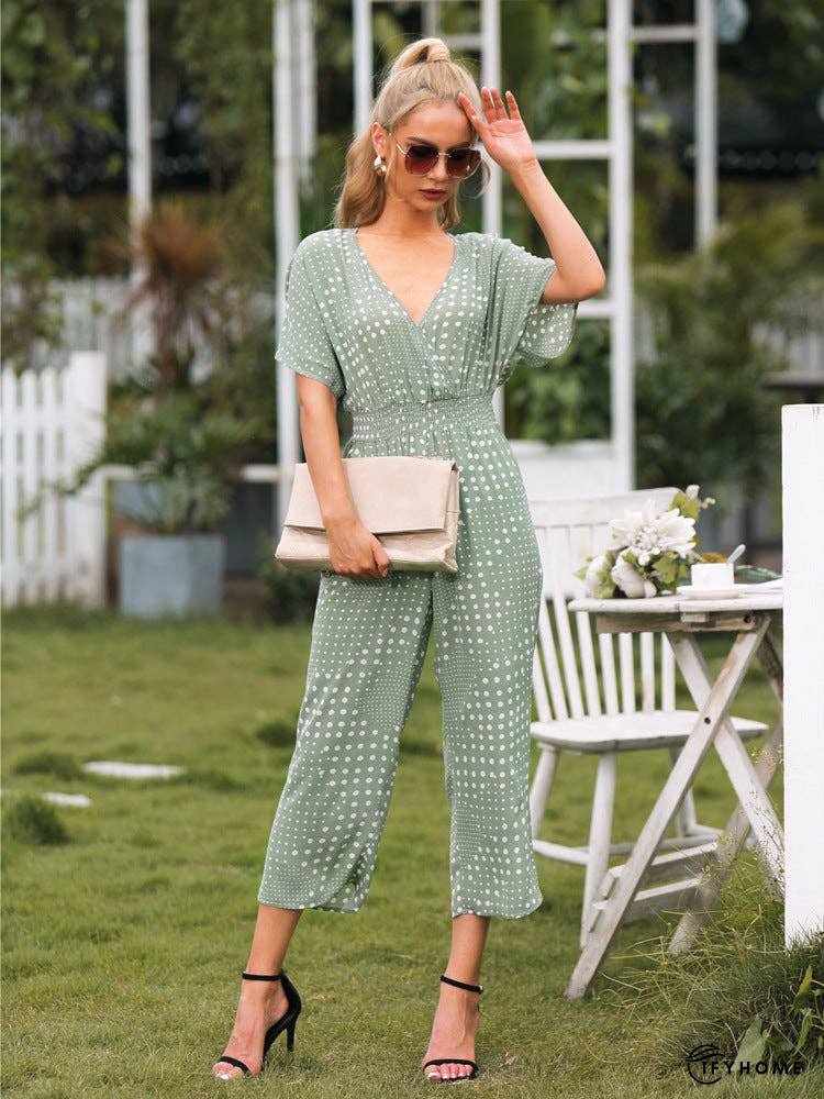 Polka Dot Surplice Neck Jumpsuit with Pockets | IFYHOME