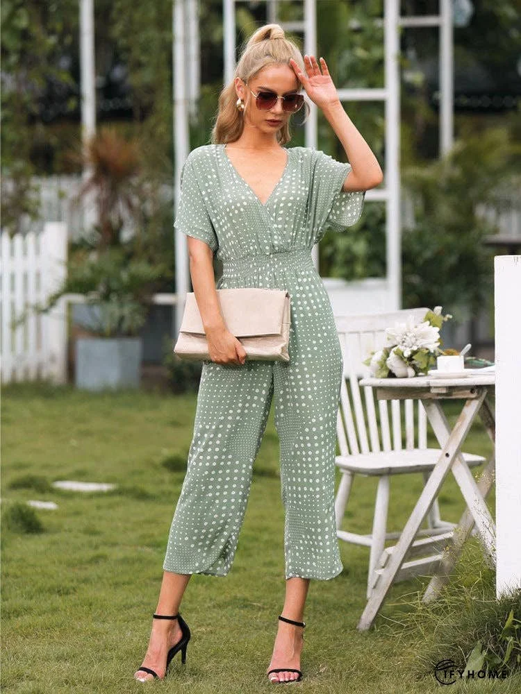 Polka Dot Surplice Neck Jumpsuit with Pockets | IFYHOME